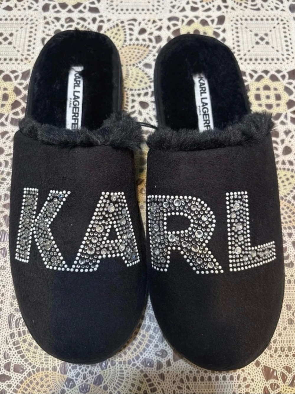 Karl Lagerfeld Black Slip-On Slippers with Crystal Logo size 8